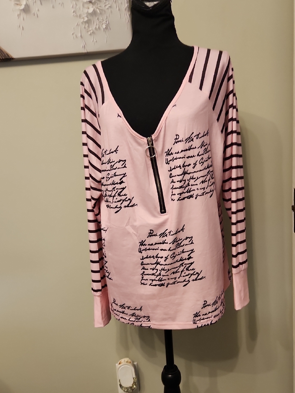 VENUS Pink Script Zip-Front Long Sleeve Top with Black Stripes